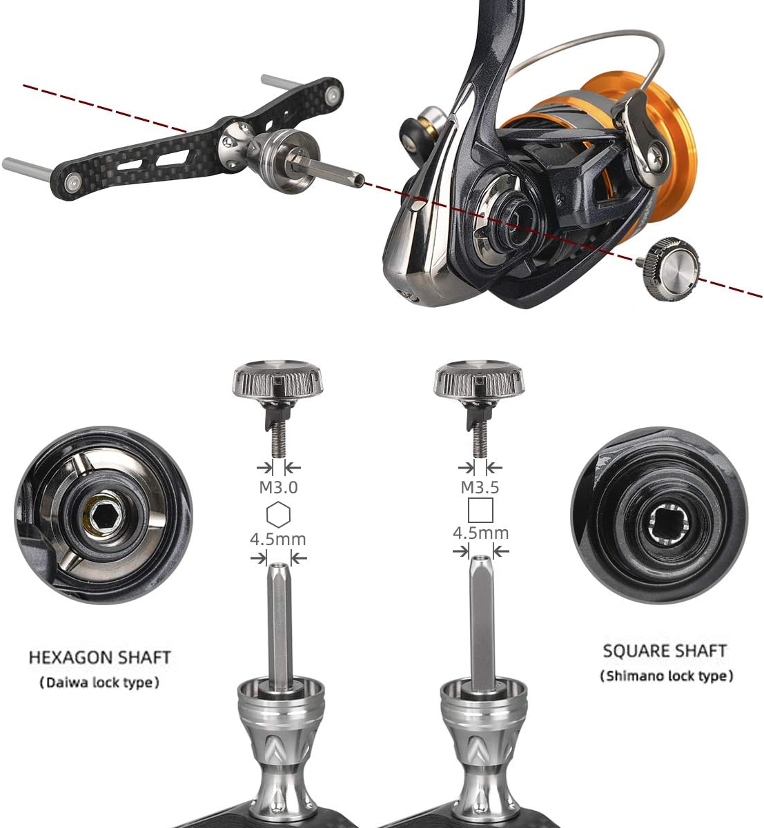 GOMEXUS Lock Type Spinning Reel Handle For Daiwa Ninja LT, Revros LT,16 Emeraldas 2508 and Shimano Nasci Sedona Sahara Sienna FE 1000-4000 Double Handle Carbon 98mm